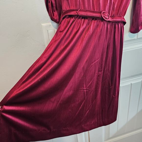 Vintage 80s Dress Womens Large Burgundy Silky Lace Glam Rock Party Retro - Picture 4 of 11
